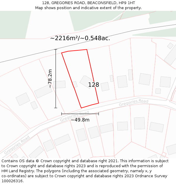 128, GREGORIES ROAD, BEACONSFIELD, HP9 1HT: Plot and title map