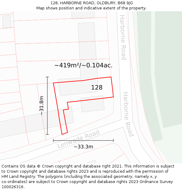 128, HARBORNE ROAD, OLDBURY, B68 9JG: Plot and title map