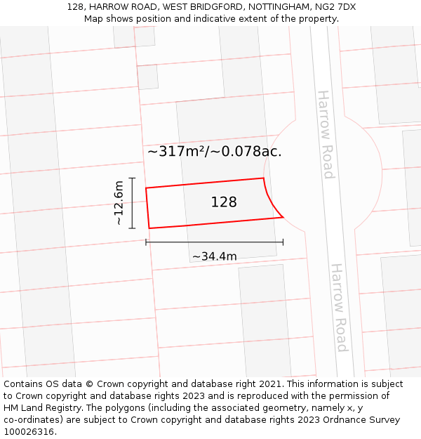 128, HARROW ROAD, WEST BRIDGFORD, NOTTINGHAM, NG2 7DX: Plot and title map