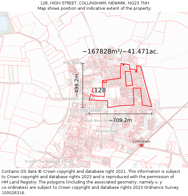 128, HIGH STREET, COLLINGHAM, NEWARK, NG23 7NH: Plot and title map