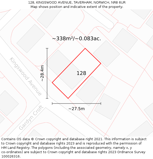 128, KINGSWOOD AVENUE, TAVERHAM, NORWICH, NR8 6UR: Plot and title map