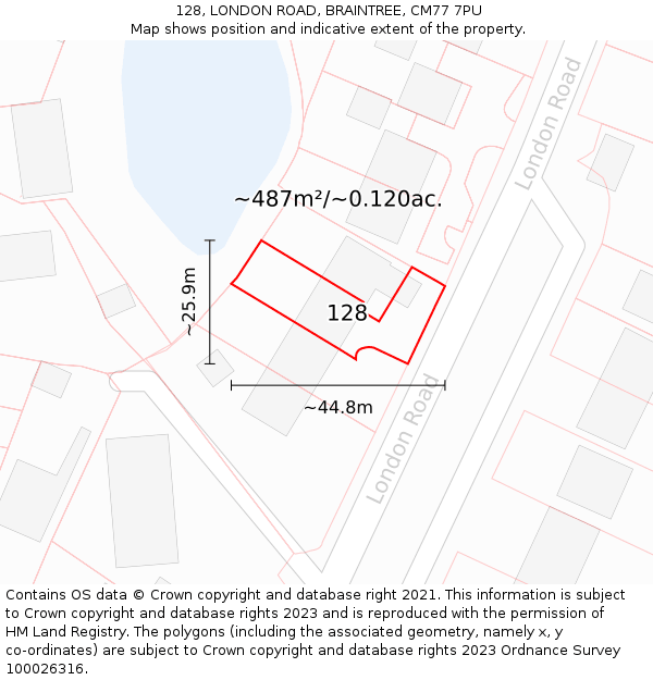 128, LONDON ROAD, BRAINTREE, CM77 7PU: Plot and title map