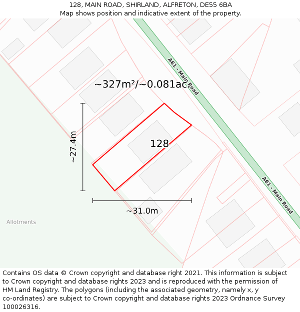 128, MAIN ROAD, SHIRLAND, ALFRETON, DE55 6BA: Plot and title map