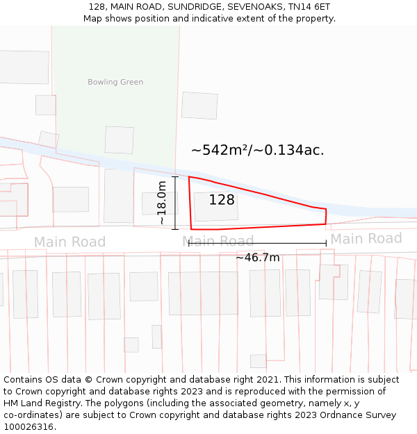 128, MAIN ROAD, SUNDRIDGE, SEVENOAKS, TN14 6ET: Plot and title map