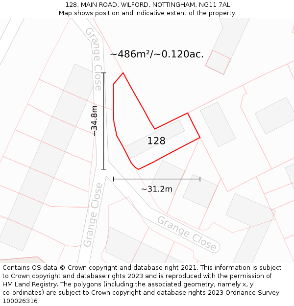 128, MAIN ROAD, WILFORD, NOTTINGHAM, NG11 7AL: Plot and title map