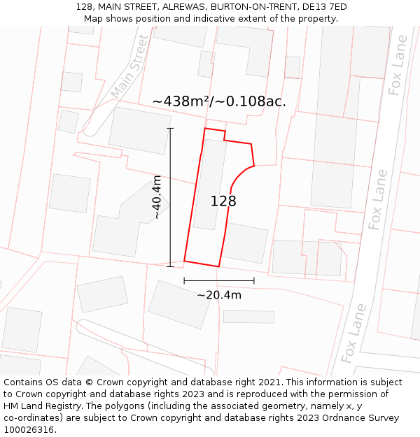 128, MAIN STREET, ALREWAS, BURTON-ON-TRENT, DE13 7ED: Plot and title map