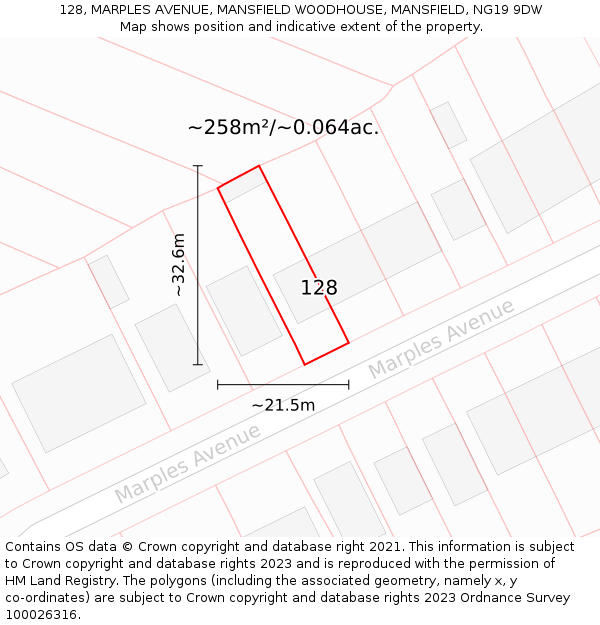 128, MARPLES AVENUE, MANSFIELD WOODHOUSE, MANSFIELD, NG19 9DW: Plot and title map