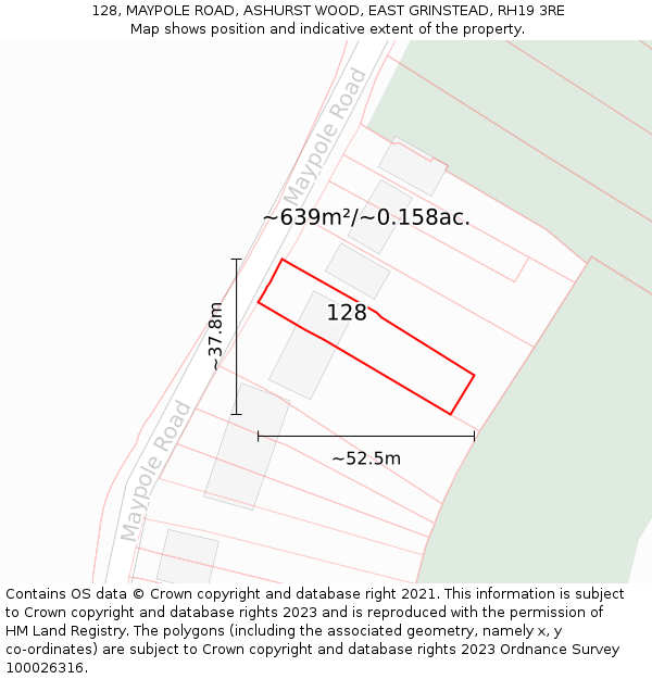 128, MAYPOLE ROAD, ASHURST WOOD, EAST GRINSTEAD, RH19 3RE: Plot and title map