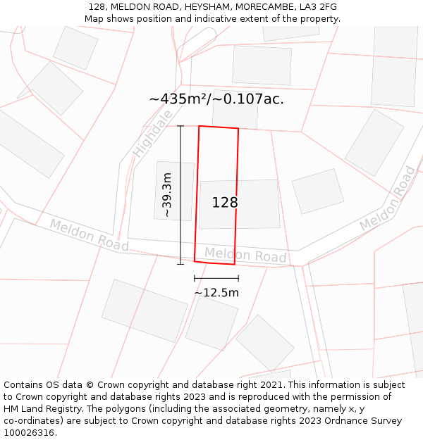 128, MELDON ROAD, HEYSHAM, MORECAMBE, LA3 2FG: Plot and title map