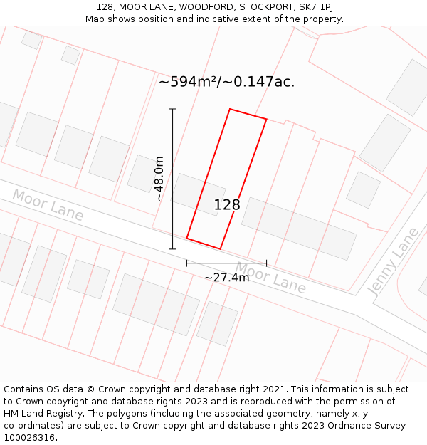 128, MOOR LANE, WOODFORD, STOCKPORT, SK7 1PJ: Plot and title map