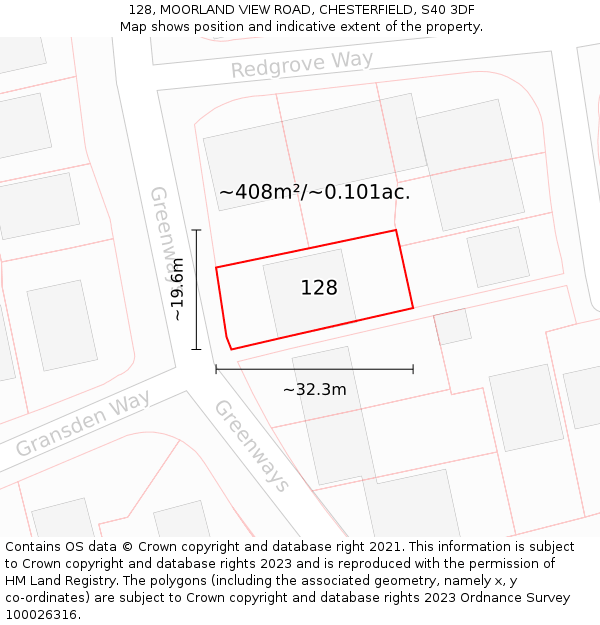 128, MOORLAND VIEW ROAD, CHESTERFIELD, S40 3DF: Plot and title map