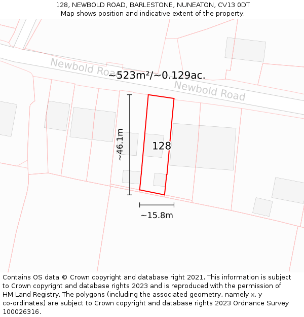 128, NEWBOLD ROAD, BARLESTONE, NUNEATON, CV13 0DT: Plot and title map