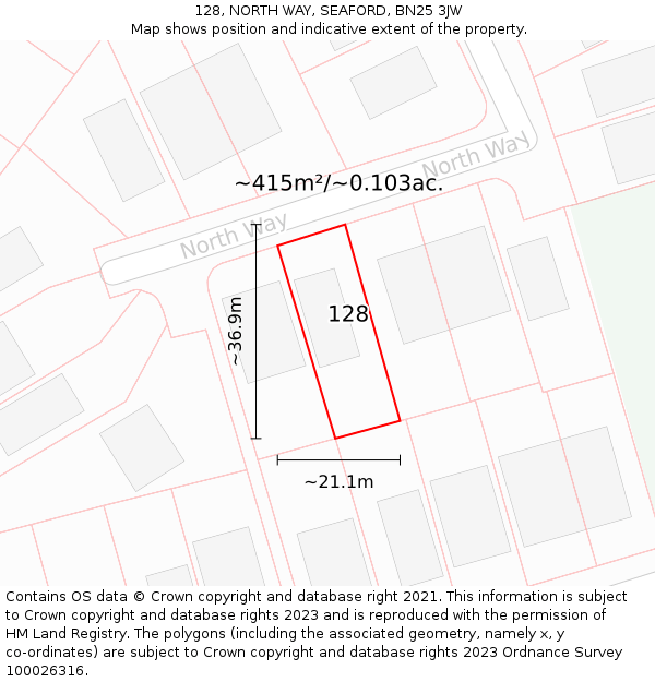 128, NORTH WAY, SEAFORD, BN25 3JW: Plot and title map