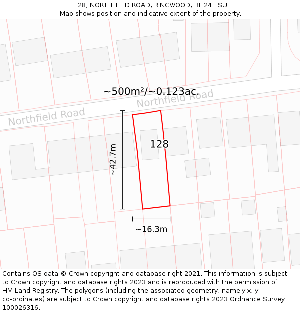 128, NORTHFIELD ROAD, RINGWOOD, BH24 1SU: Plot and title map