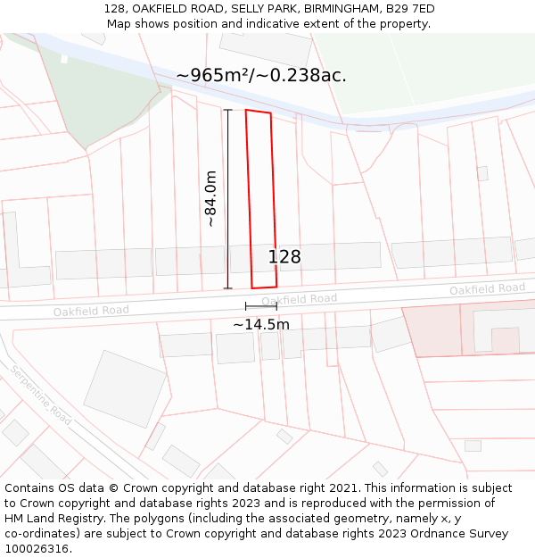 128, OAKFIELD ROAD, SELLY PARK, BIRMINGHAM, B29 7ED: Plot and title map