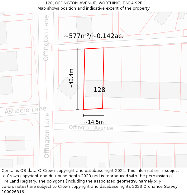 128, OFFINGTON AVENUE, WORTHING, BN14 9PR: Plot and title map