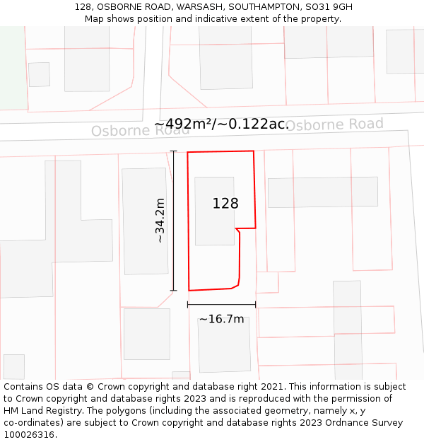 128, OSBORNE ROAD, WARSASH, SOUTHAMPTON, SO31 9GH: Plot and title map