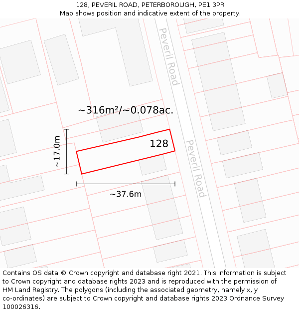 128, PEVERIL ROAD, PETERBOROUGH, PE1 3PR: Plot and title map