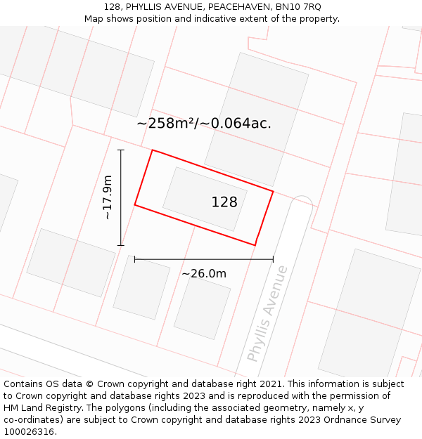 128, PHYLLIS AVENUE, PEACEHAVEN, BN10 7RQ: Plot and title map