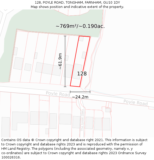 128, POYLE ROAD, TONGHAM, FARNHAM, GU10 1DY: Plot and title map