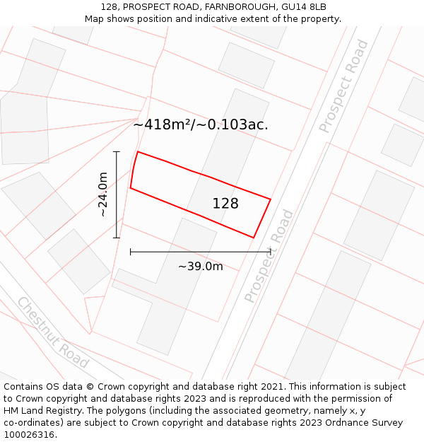 128, PROSPECT ROAD, FARNBOROUGH, GU14 8LB: Plot and title map