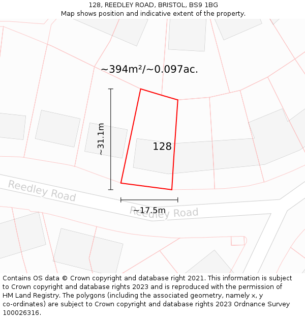 128, REEDLEY ROAD, BRISTOL, BS9 1BG: Plot and title map