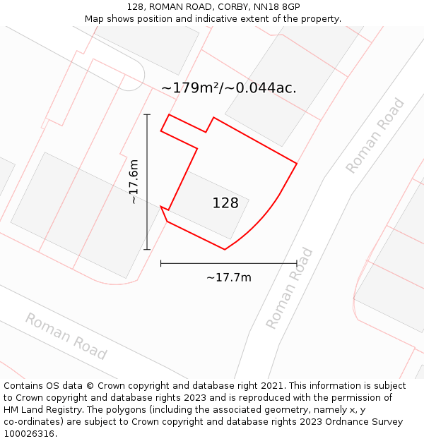 128, ROMAN ROAD, CORBY, NN18 8GP: Plot and title map