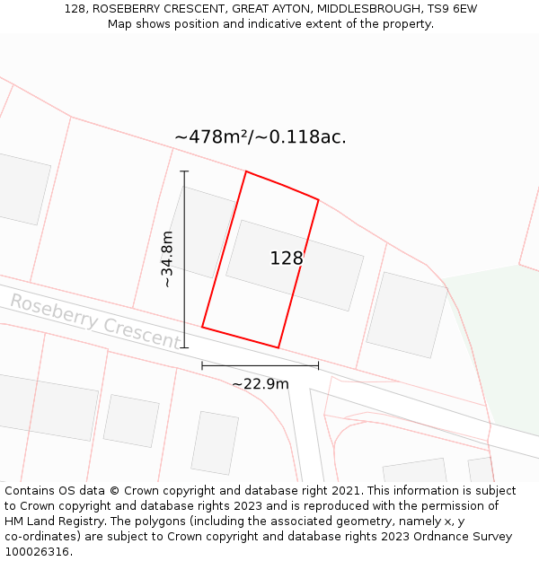 128, ROSEBERRY CRESCENT, GREAT AYTON, MIDDLESBROUGH, TS9 6EW: Plot and title map