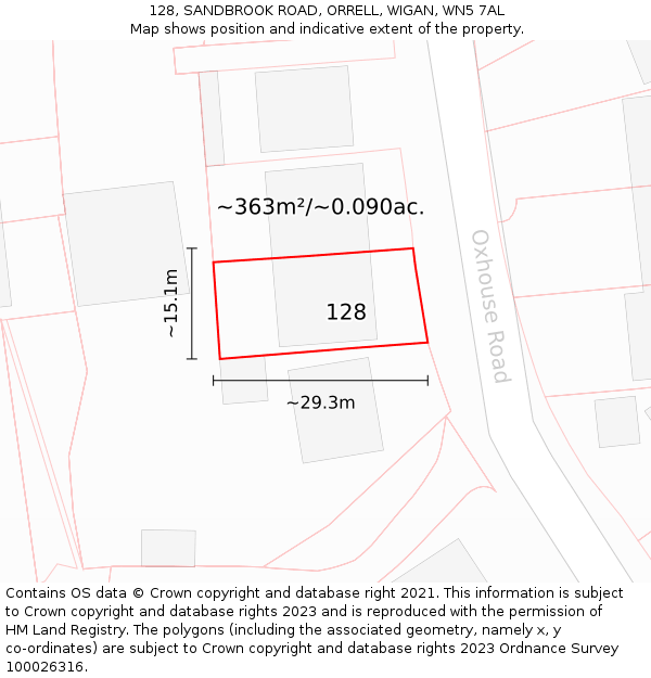 128, SANDBROOK ROAD, ORRELL, WIGAN, WN5 7AL: Plot and title map