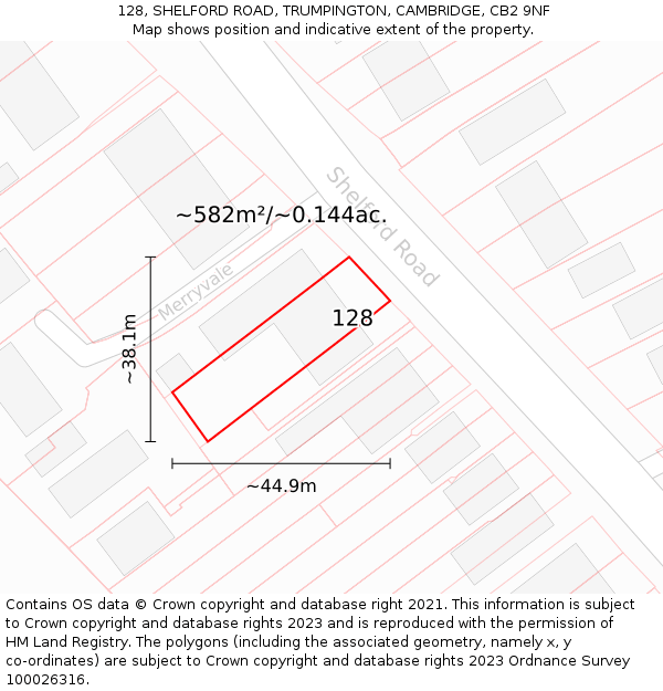 128, SHELFORD ROAD, TRUMPINGTON, CAMBRIDGE, CB2 9NF: Plot and title map