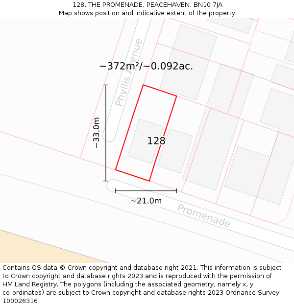 128, THE PROMENADE, PEACEHAVEN, BN10 7JA: Plot and title map