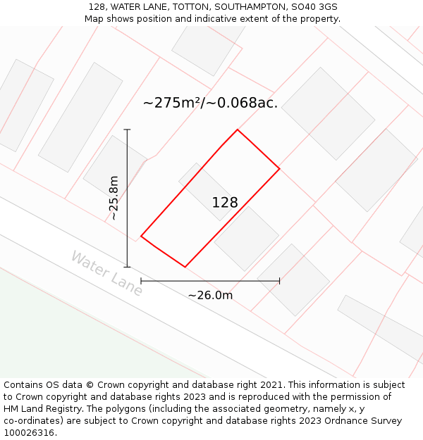 128, WATER LANE, TOTTON, SOUTHAMPTON, SO40 3GS: Plot and title map