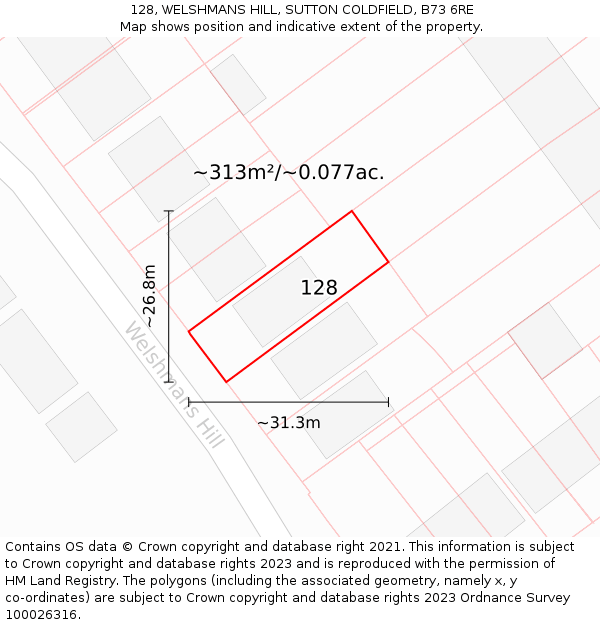 128, WELSHMANS HILL, SUTTON COLDFIELD, B73 6RE: Plot and title map