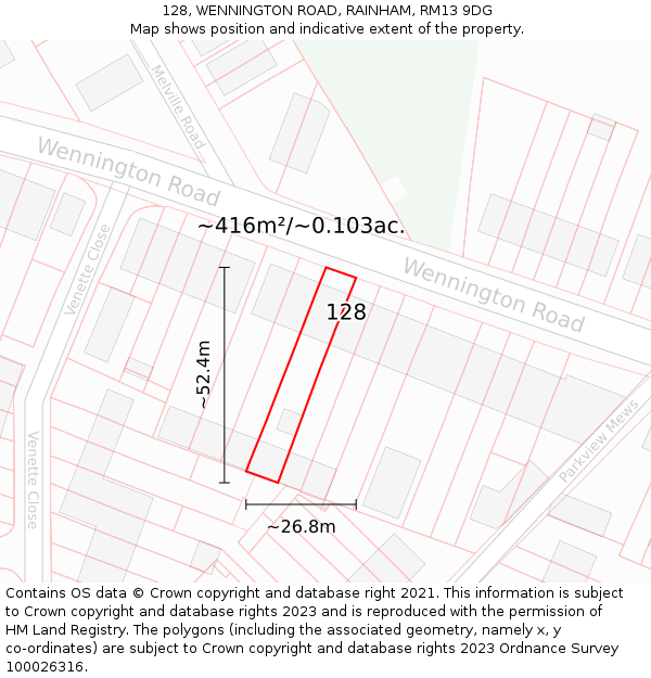 128, WENNINGTON ROAD, RAINHAM, RM13 9DG: Plot and title map