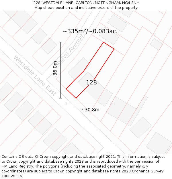 128, WESTDALE LANE, CARLTON, NOTTINGHAM, NG4 3NH: Plot and title map