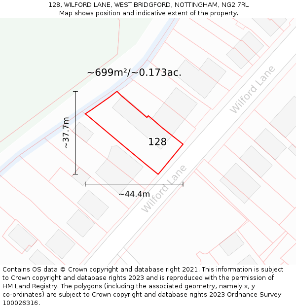 128, WILFORD LANE, WEST BRIDGFORD, NOTTINGHAM, NG2 7RL: Plot and title map