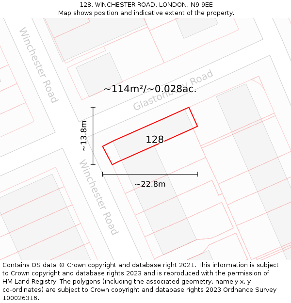 128, WINCHESTER ROAD, LONDON, N9 9EE: Plot and title map