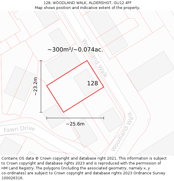 128, WOODLAND WALK, ALDERSHOT, GU12 4FF: Plot and title map