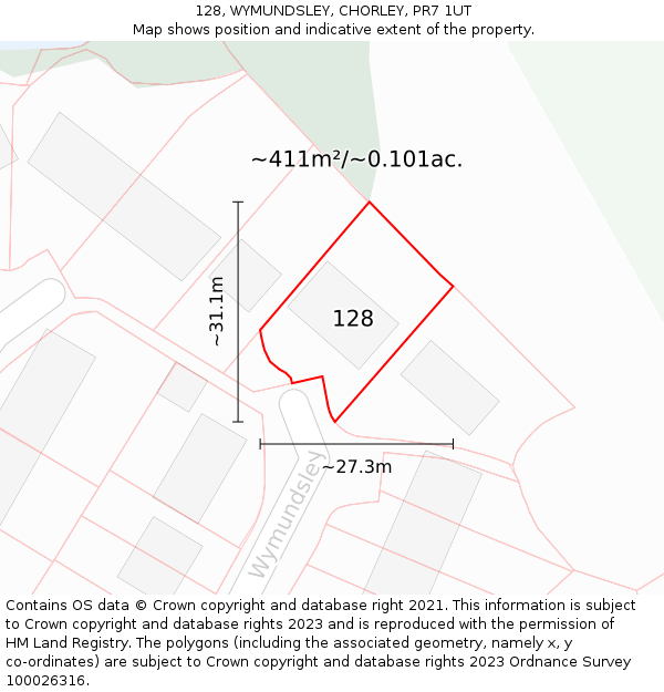 128, WYMUNDSLEY, CHORLEY, PR7 1UT: Plot and title map