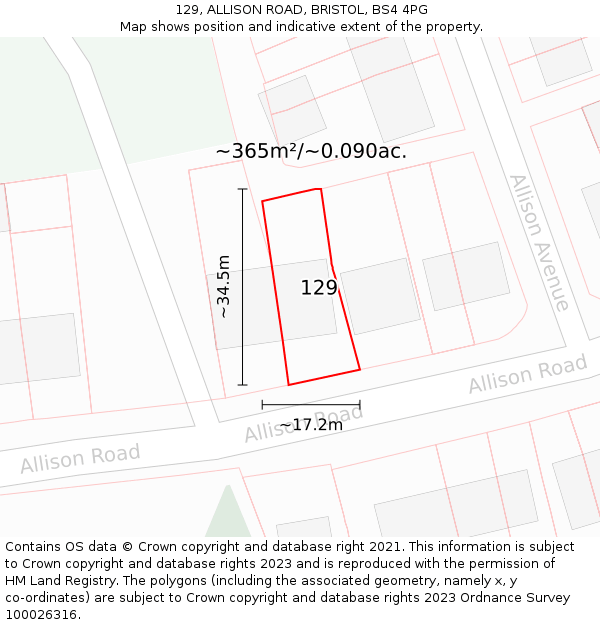 129, ALLISON ROAD, BRISTOL, BS4 4PG: Plot and title map