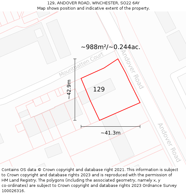 129, ANDOVER ROAD, WINCHESTER, SO22 6AY: Plot and title map