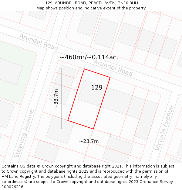 129, ARUNDEL ROAD, PEACEHAVEN, BN10 8HH: Plot and title map