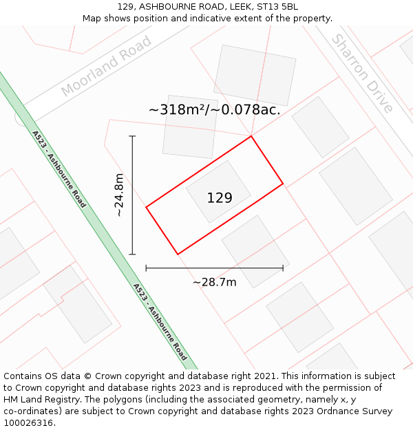 129, ASHBOURNE ROAD, LEEK, ST13 5BL: Plot and title map