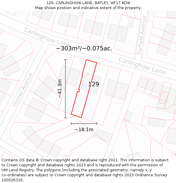 129, CARLINGHOW LANE, BATLEY, WF17 8DW: Plot and title map