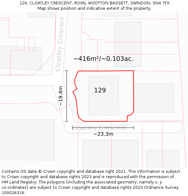 129, CLOATLEY CRESCENT, ROYAL WOOTTON BASSETT, SWINDON, SN4 7FX: Plot and title map