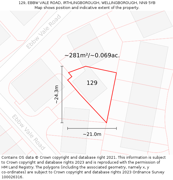 129, EBBW VALE ROAD, IRTHLINGBOROUGH, WELLINGBOROUGH, NN9 5YB: Plot and title map