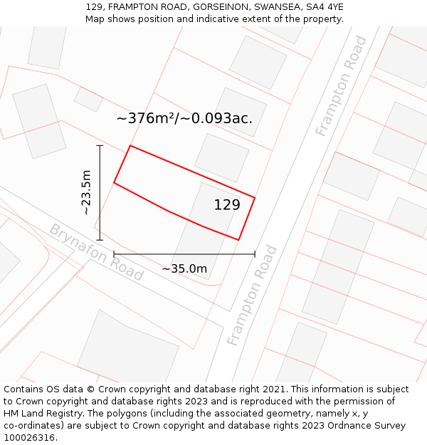 129, FRAMPTON ROAD, GORSEINON, SWANSEA, SA4 4YE: Plot and title map