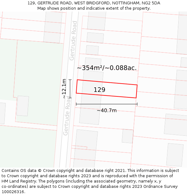 129, GERTRUDE ROAD, WEST BRIDGFORD, NOTTINGHAM, NG2 5DA: Plot and title map