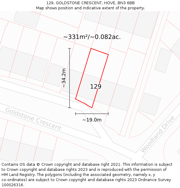 129, GOLDSTONE CRESCENT, HOVE, BN3 6BB: Plot and title map