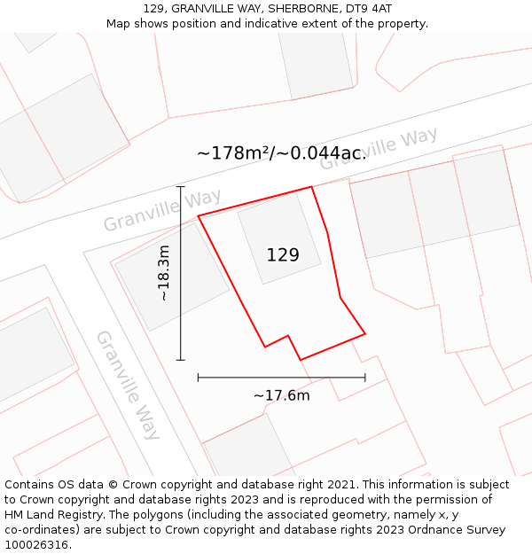 129, GRANVILLE WAY, SHERBORNE, DT9 4AT: Plot and title map